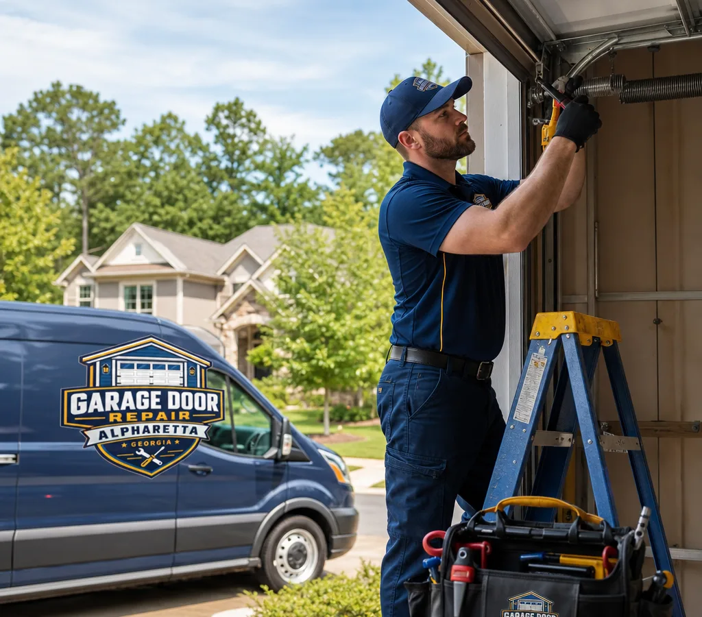 Technician safely servicing a residential sectional garage door spring and track in Alpharetta