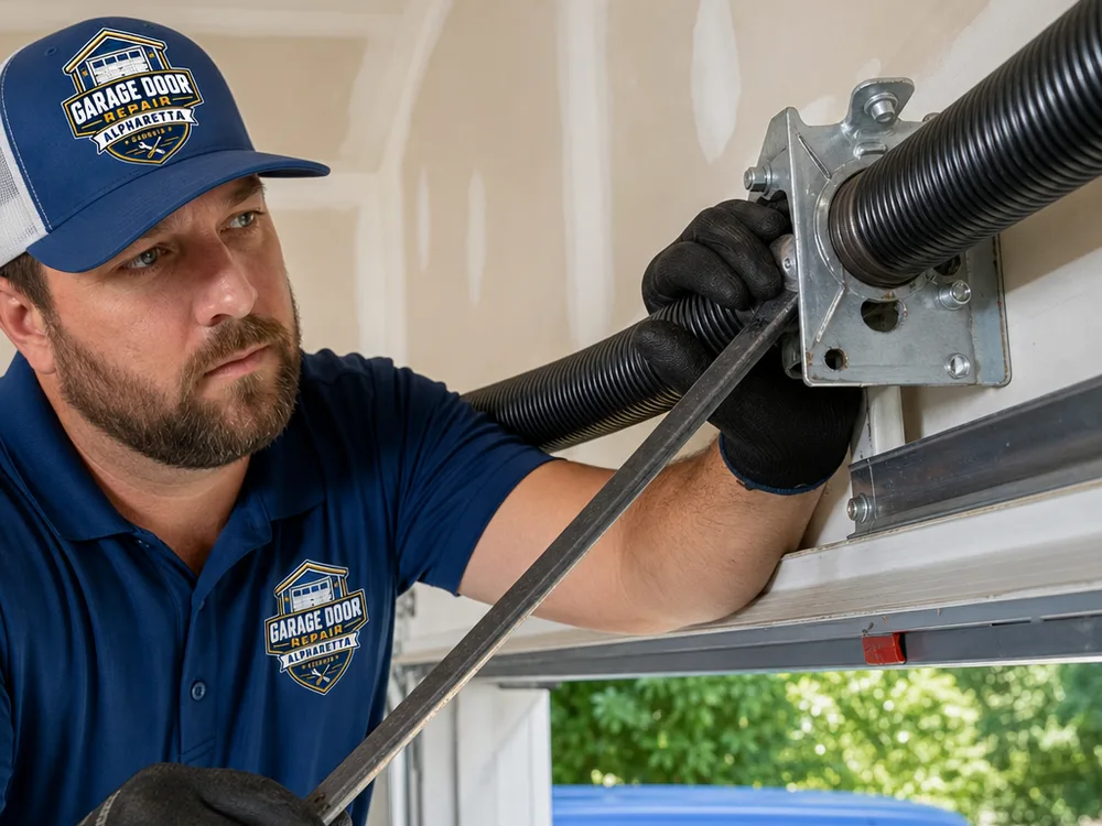 Garage door torsion spring and center bearing plate being inspected with proper tools