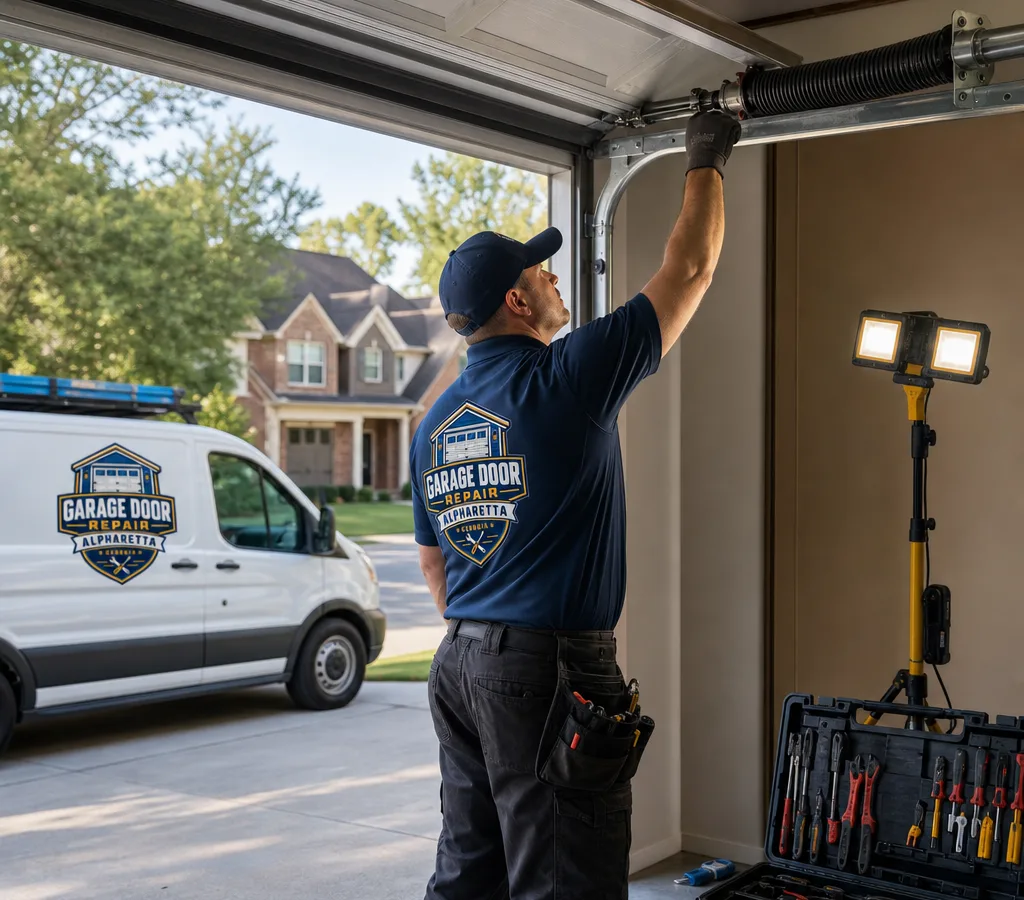 Technician inspecting a residential sectional garage door and torsion spring system in Alpharetta