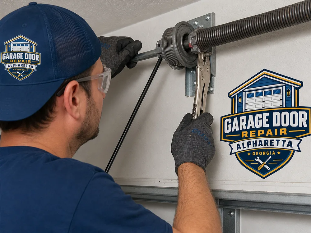 Technician using winding bars and a vice grip to safely adjust a garage door torsion spring assembly
